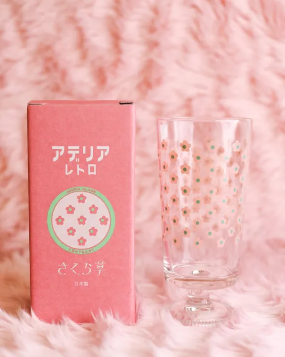 Aderia - Retro Glass Tumbler with Stem - Sakuragusa Pink Flowers | Kids Kids & Babies
