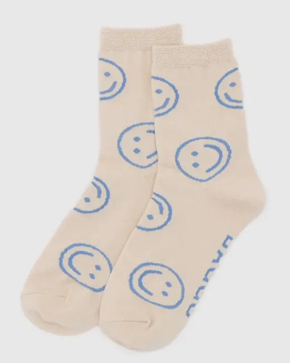 Baggu - Crew Sock - Ecru Periwinkle Happy | Socks | Accessories & Clothing