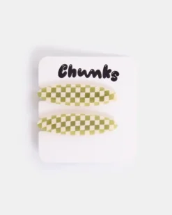 Chunks - Allie Clips in Oval Olive Check | Hair Accessories