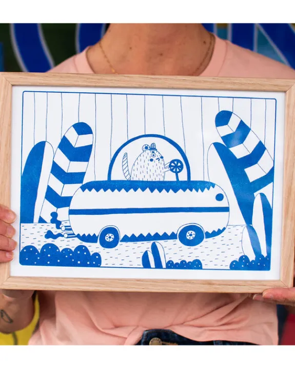 Graphic Nugget - Blue Rat in a Car Riso Print - A4 (framed) | Art & Prints | Home Decor