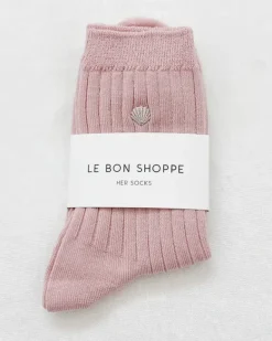 Le Bon Shoppe - Embroidered Her Socks - Pink Soda + Silver Seashell | Socks | Accessories & Clothing