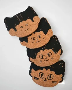 Natali Koromoto - "Cat Person" Set of Four Cork Coasters | Fun Things For The Kitchen